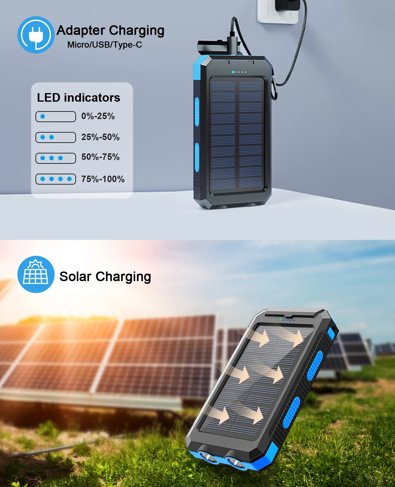 Waterproof Outdoor Solar Power Bank Dual USB Phone Charger