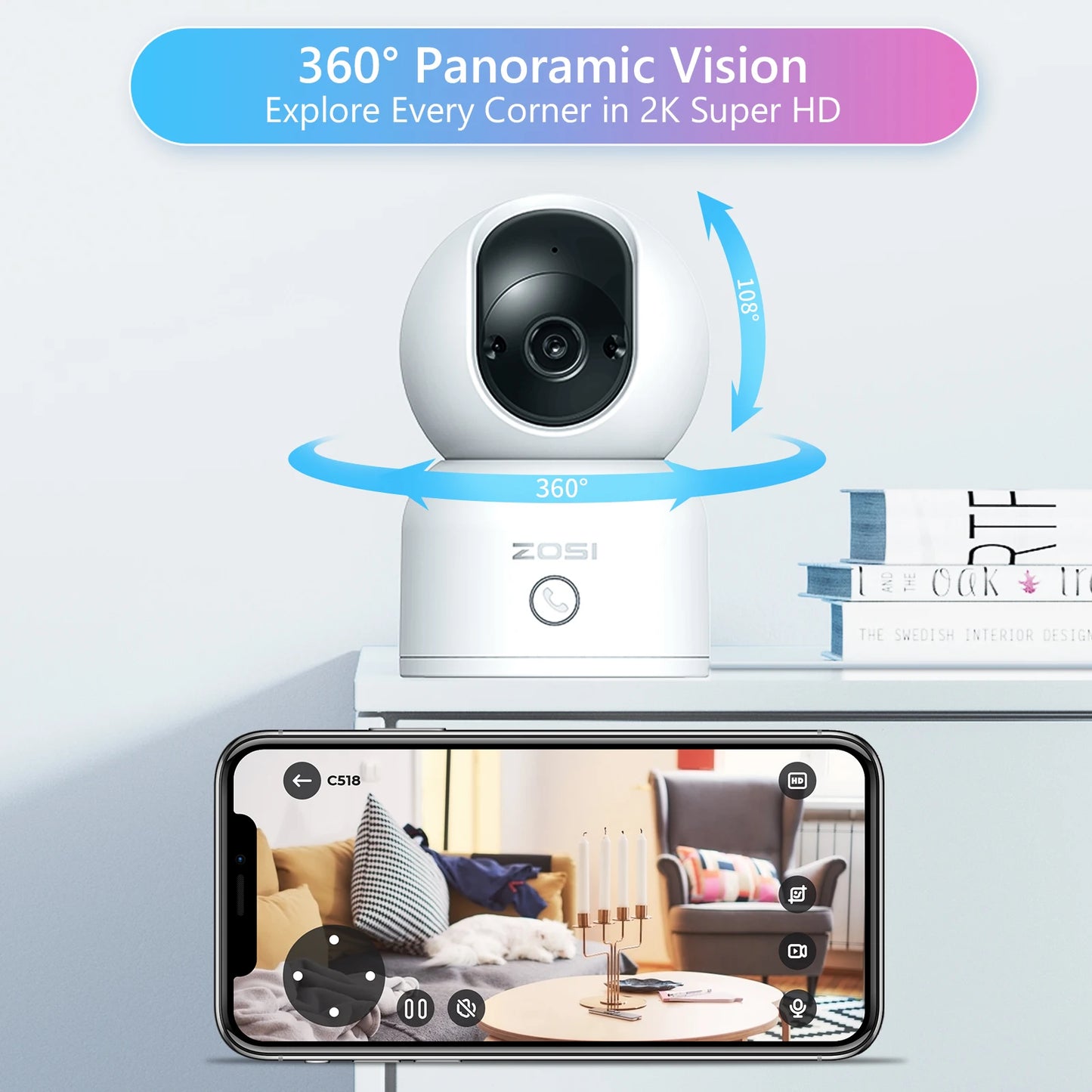 Indoor Pan/Tilt Smart Security Camera with Phone APP